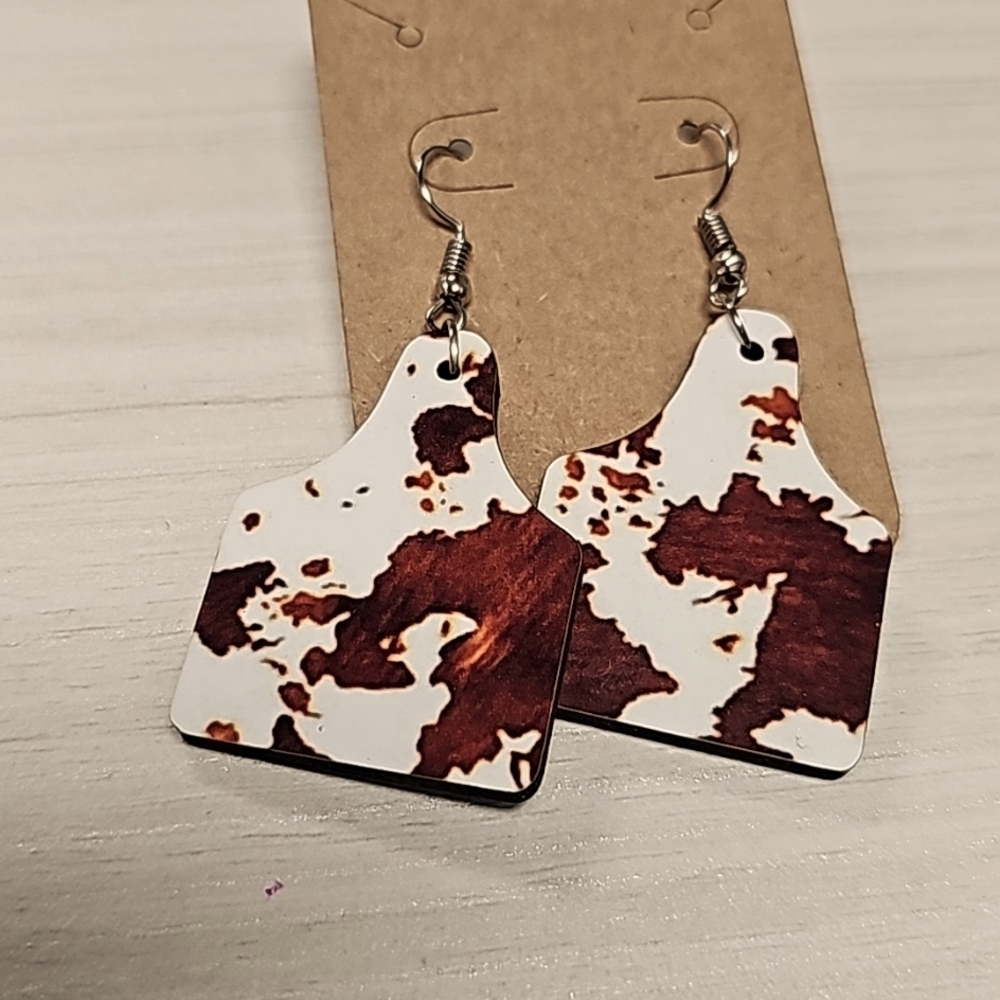 Wood Cow print cottage earrings NWT